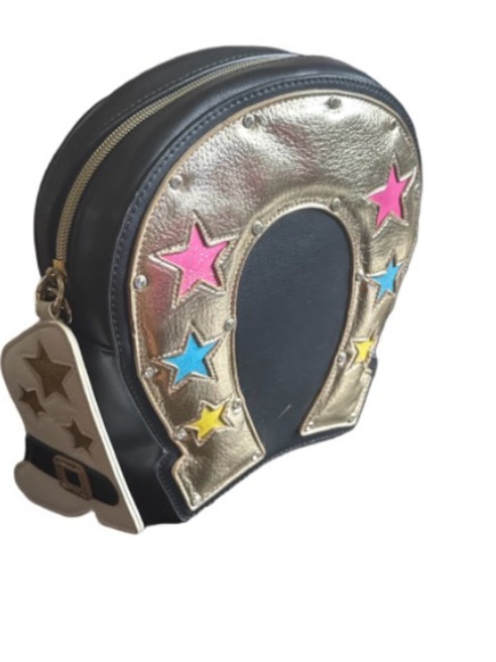 Betsy Johnson, gold metallic rhinestone, embellished horseshoe bag